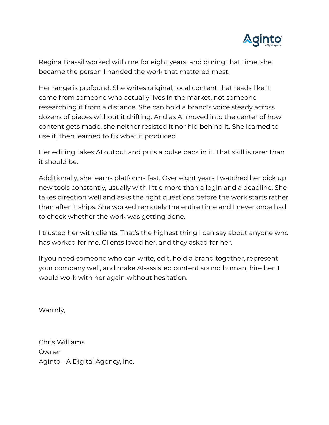 Original recommendation letter from Chris Williams of Aginto for Regina Brassil