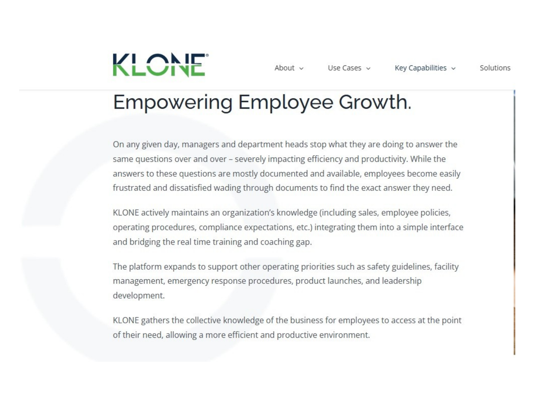 Original KLONE web copy sample titled Empowering Employee Growth