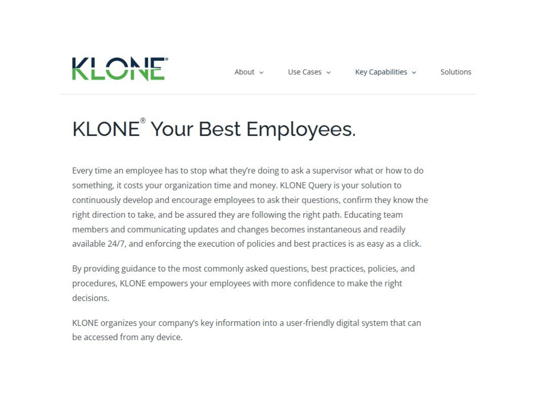 Original KLONE web copy sample titled Your Best Employees