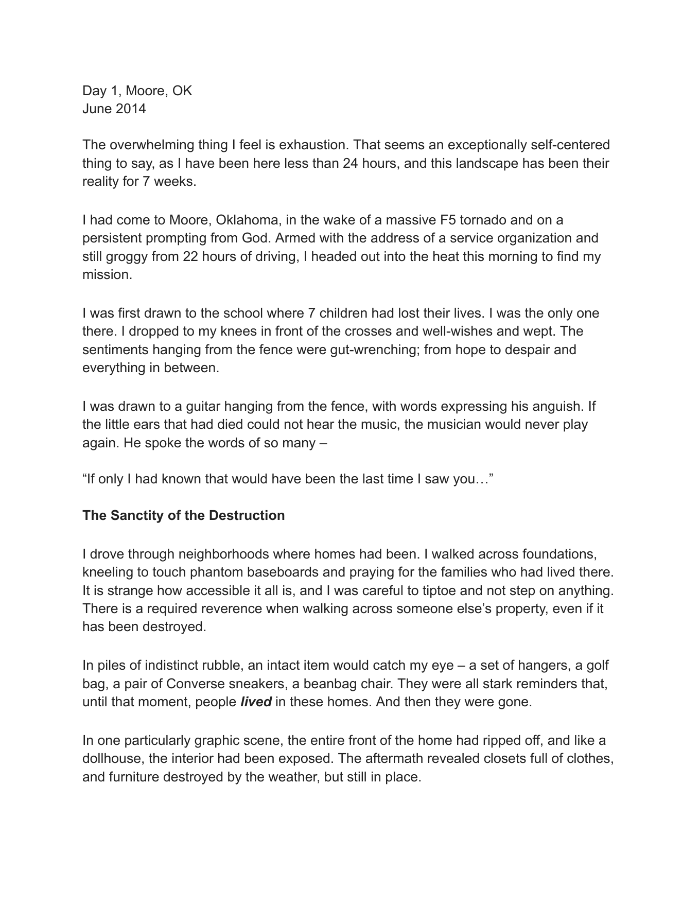 Page 1 of Day 1, Moore, Oklahoma by Regina Brassil